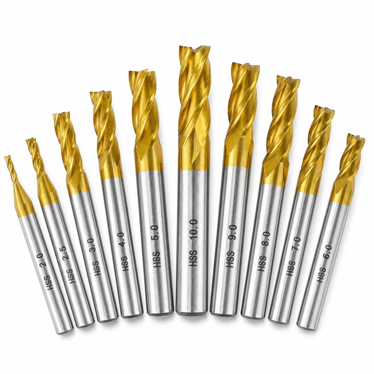 Set van 10 HSS schachtfrezen 2–10 mm voor precisiewerk, met 4 verschillende snijgereedschappen
