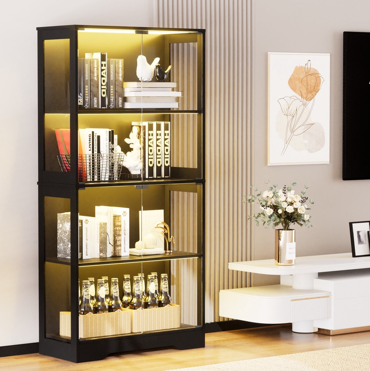 Wishdor Vitrinekast - Glasvitrine met ledverlichting - Glazen deuren en sensorfunctie - Modern design - Woonkamer slaapkamer kantoor - Glas en MDF - Zwart - 80 x 35 x 165 cm