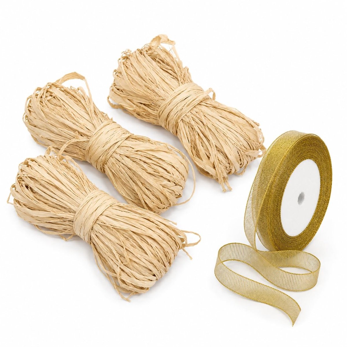 Elzusha - Set van 3 Bruine Raffiabanden en 1 Gouden Glitterlint voor Cadeauverpakking