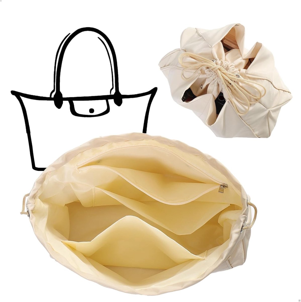 Multi-Pocket Organizer voor Handtassen, Machine Wasbaar, Geschikt voor Mobiele Telefoons, Waterflessen en Make-up Accessoires, Satin Beige