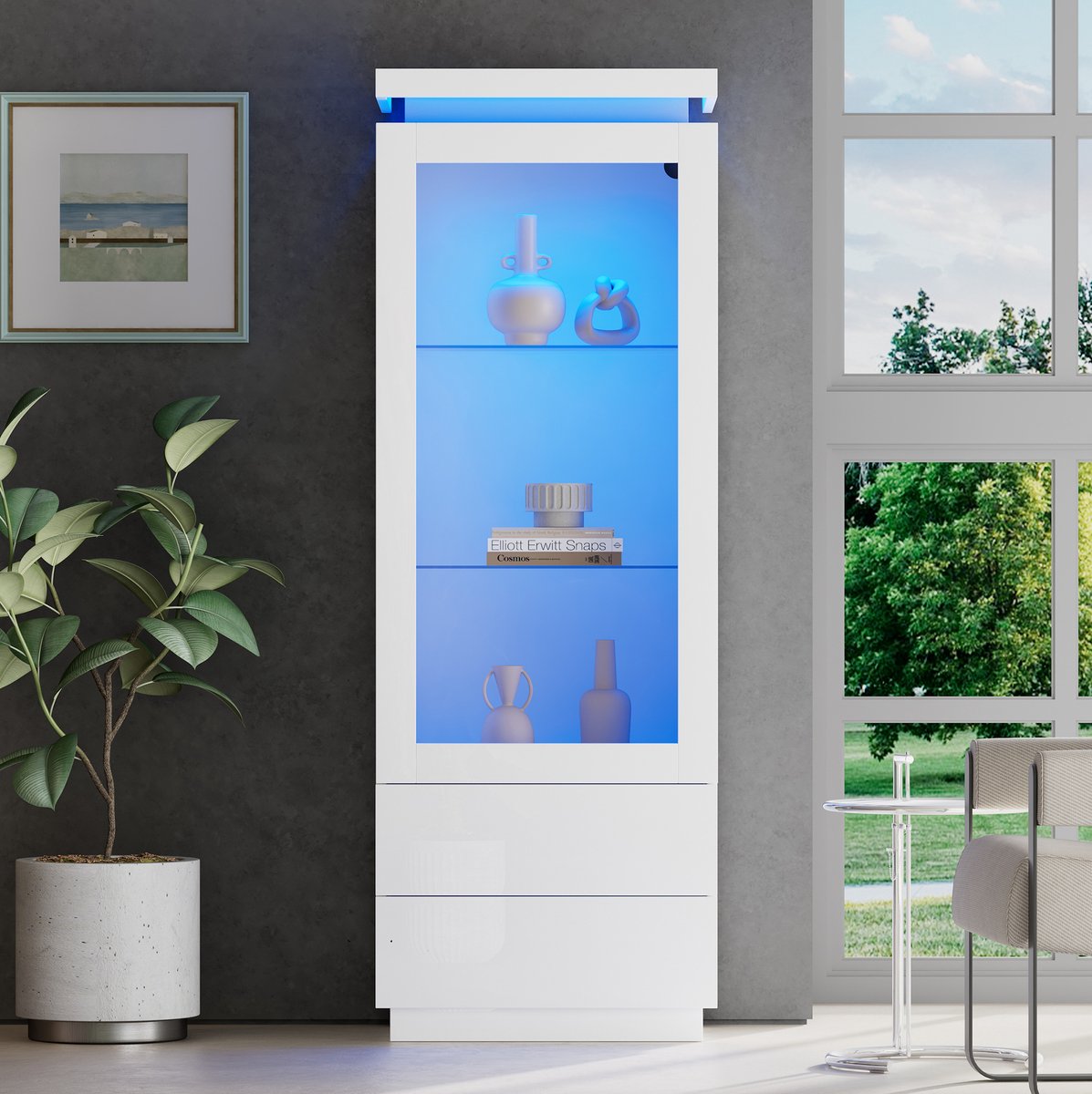 Wishdor Vitrinekast met 2 lades en glazen deur - Hoogglans en led verlichting - Modern design - Woonkamer en eetkamer - Houtlook - Wit - 60 x 40 x 171 cm