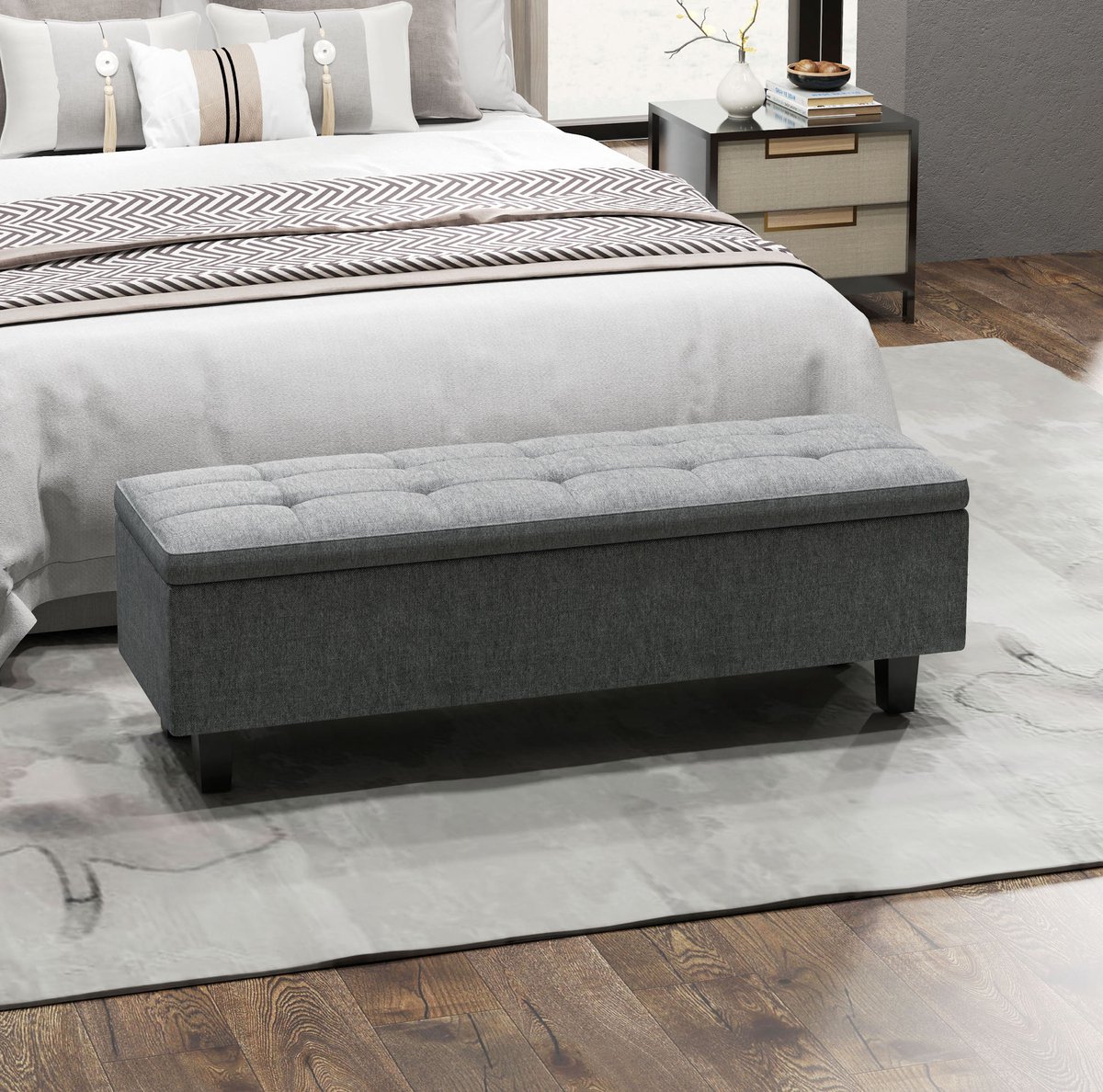 REDOM - Bedbank - Met opbergruimte - Gecapitonneerde zitting - Houten poten - Modern - Slaapkamer of hal - Linnen - Donkergrijs - 138 x 40 x 45 cm