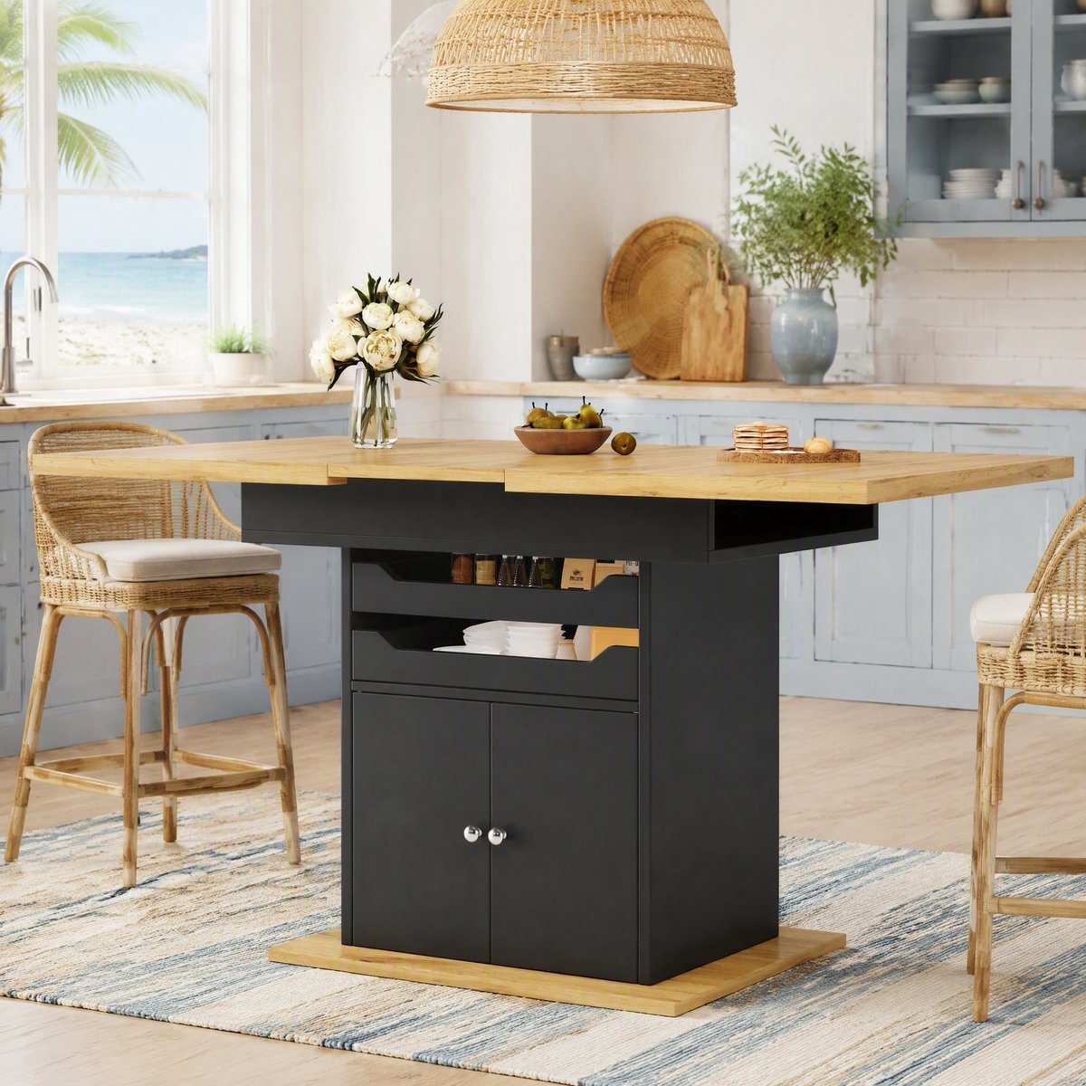 Wishdor Eettafel - Uitschuifbaar met opbergruimte en lades - Modern - Eetkamer keuken - MDF en metaal - Zwart - 140 x 80 x 76 cm