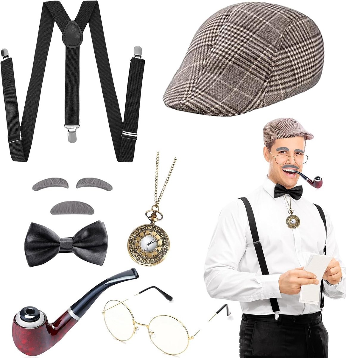 Vintage Sherlock Holmes Detective Kostuum met Hoed, Elastische Y-Back Steunbanden, Strik, Baard, Wenkbrauwen en Bril voor Mannen bij Verkleedpartijen en Themafeesten