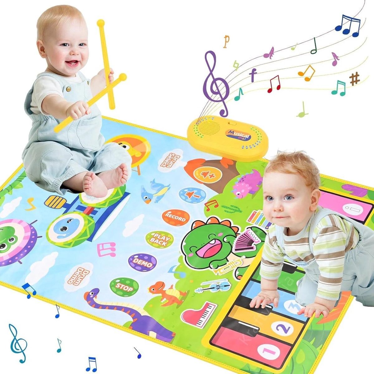 2 in1Muziekmat - Dansmat - Educatief speelgoed voor jonge kinderen - Pianomat - Speelmat - Dinosauruspatroon - Pianoklavier & Drumset met 2 Drumstokken - Interactieve speelmat voor kinderen voor binnen - Geschikt voor kinderen van 1 tot 3 jaar