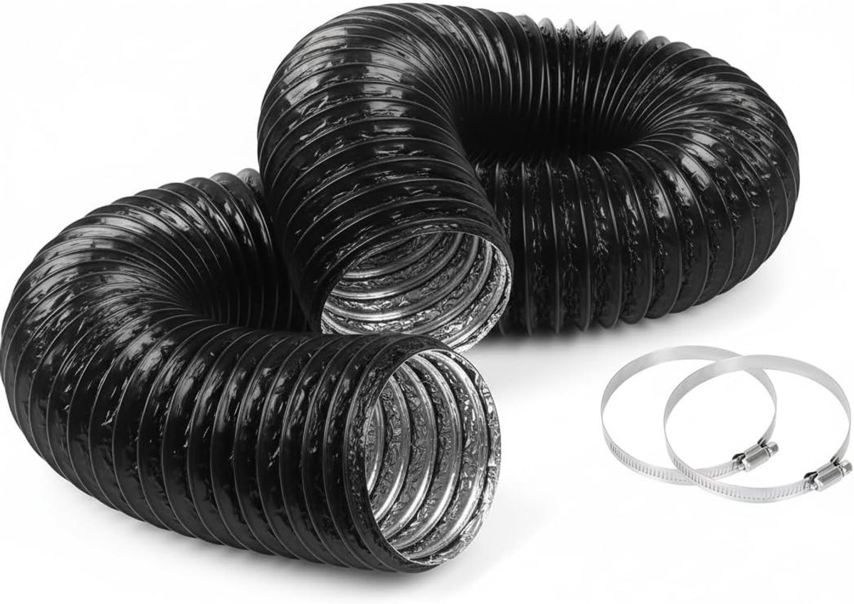 Flexibele PVC Afvoerslang 80 mm, 1.5 m voor Ventilatiesystemen, Kachels en Afzuigers, Inclusief 2 Klemmen en 2 m Aluminium Folietape