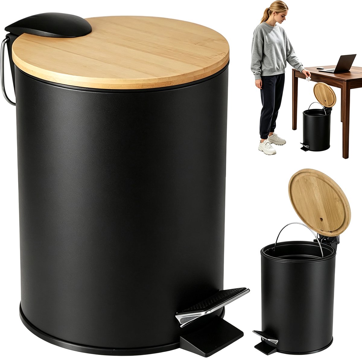 Kleine Pedaalemmer - Prullenbak 3L - Voetprullenbak - Ronde Prullenbak - RVS Behuizing & Bamboe Deksel - Geurdicht - Stille Sluiting - Uitneembare Binnenemmer - 16,8x23 cm - Voor Badkamer & Toilet & Kaptafel & Kleine Ruimtes - Zwart