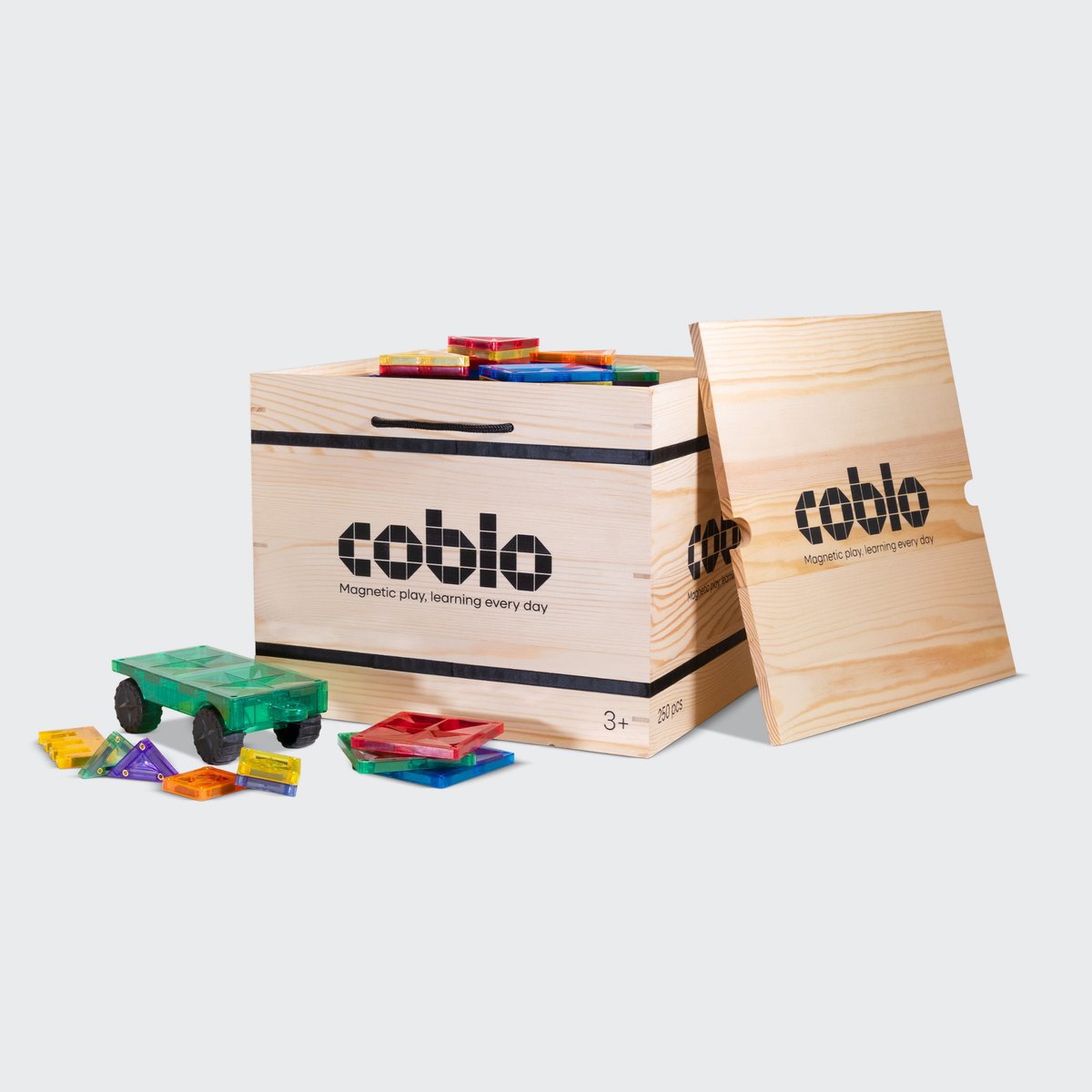 Coblo - Magnetic Tiles – Classic XL set 250 stuks met Houten Opbergbox – Inclusief Mini Magnetische Tegels en Auto-onderstellen – Magnetisch speelgoed – Vanaf 3 jaar