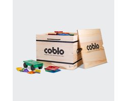 Coblo - Magnetic Tiles – Classic XL set 250 stuks met Houten Opbergbox – Inclusief Mini Magnetische Tegels en Auto-onderstellen – Magnetisch speelgoed – Vanaf 3 jaar