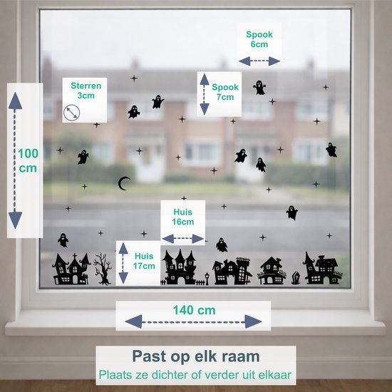 Maattabel en afbeelding van zwarte Halloween raamstickers met huizen, spookjes en sterren.