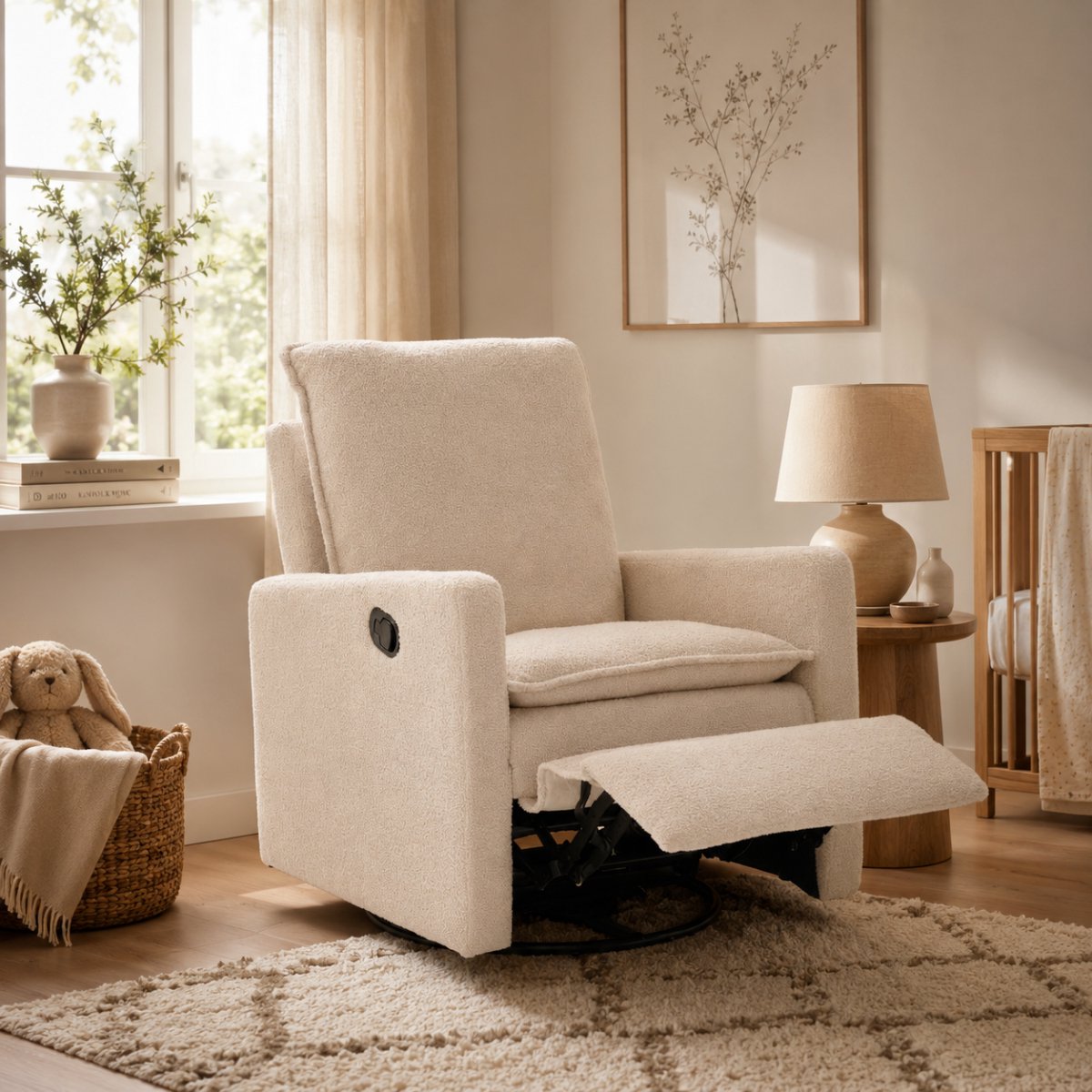Born Lucky Schommelstoel Mellow Beige – 360° Draaibaar – Relaxfunctie met Voetsteun