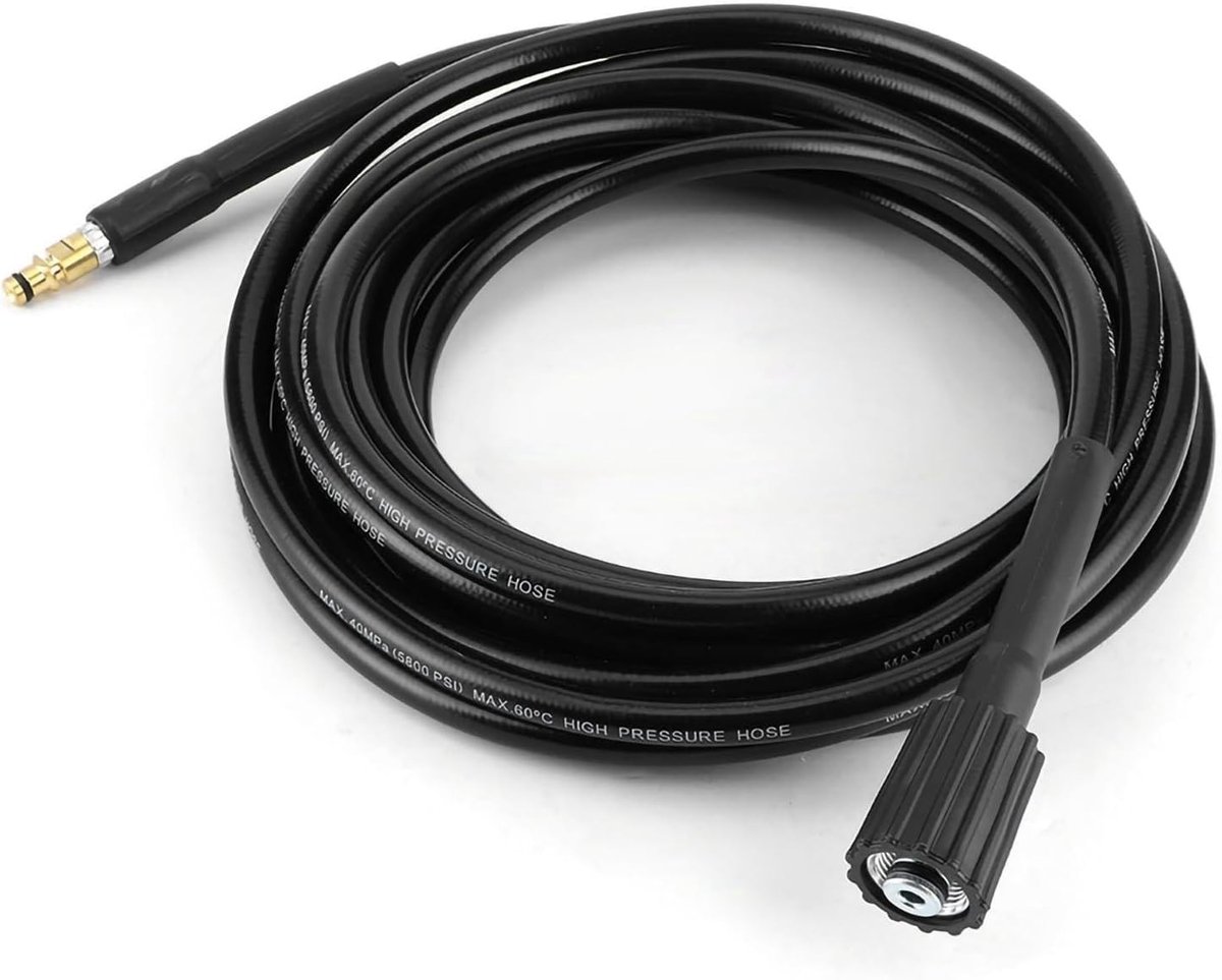 Hogedrukslang 40 MPa 5800 PSI, rubberen gevlochten met snelkoppeling, lengtes 6 m, 8 m, 10 m en 15 m voor hoge drukreinigers en tuinonderhoud.