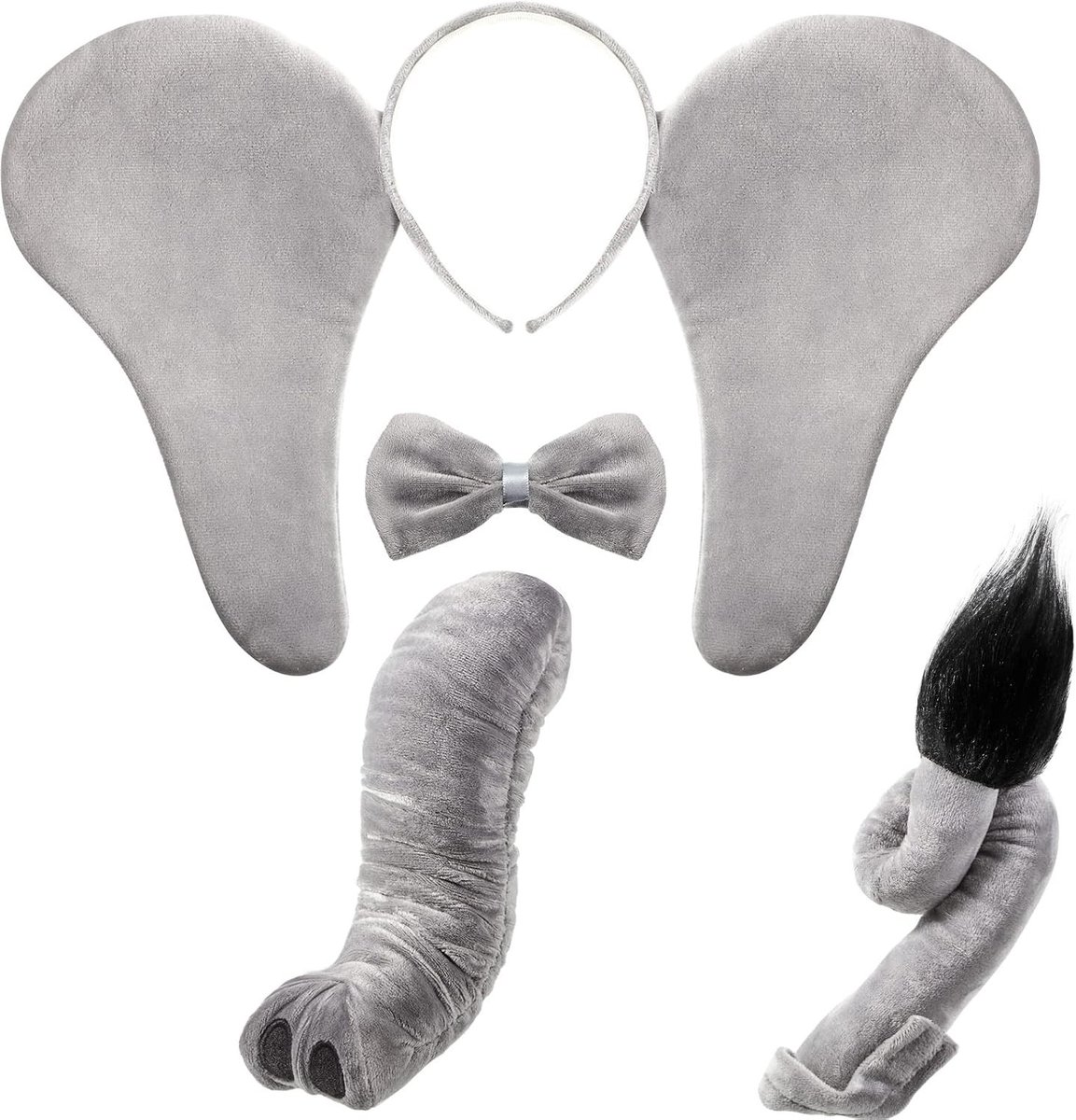 Set van 4 Grijze Olifanten Kostuums voor Kinderen met Oren, Neus, Staart en Strik voor Halloween Feestjes en Verkleedpartijen