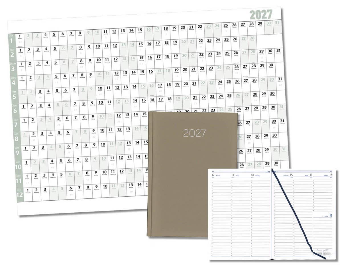 MGPcards - Bureau Week-agenda 2027 - H46 - A4 - 1 week 2 pagina's - Nederlandstalig - Gewatteerde omslag - 21 x 30 cm - Mat Taupe + Jaar kalender - Kalender 2027 - Wandplanner - Jaarplanner - Grote planner - A1 formaat - Poster - 84 x 60 cm