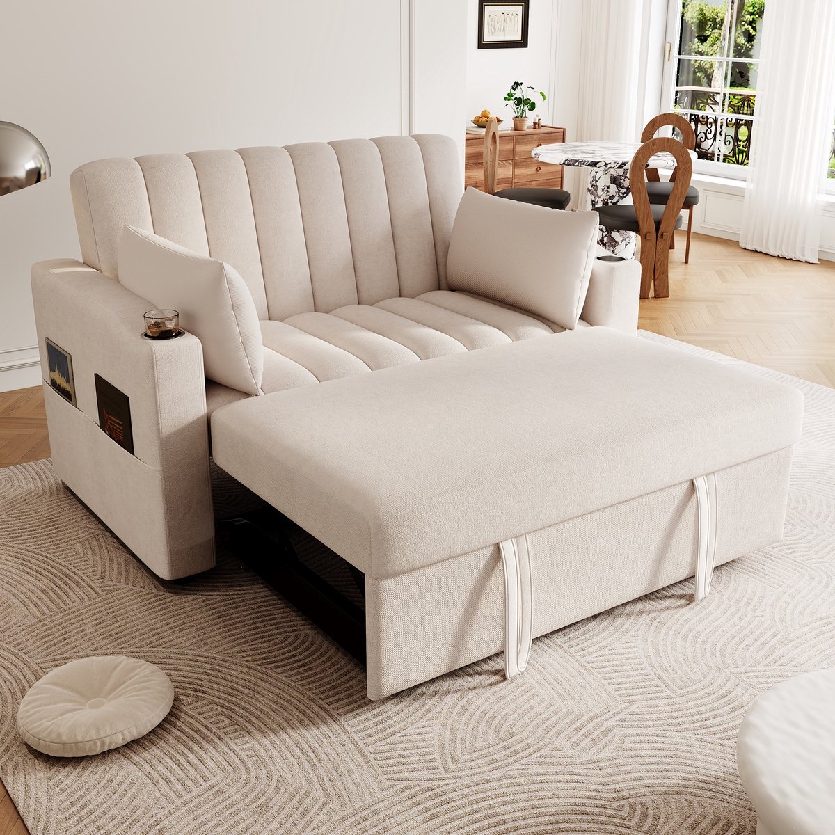 Sweiko Bank - Slaapbank - Met slaapfunctie - Verstelbare rugleuning - 2 bekerhouder - 2 kussen - Beige