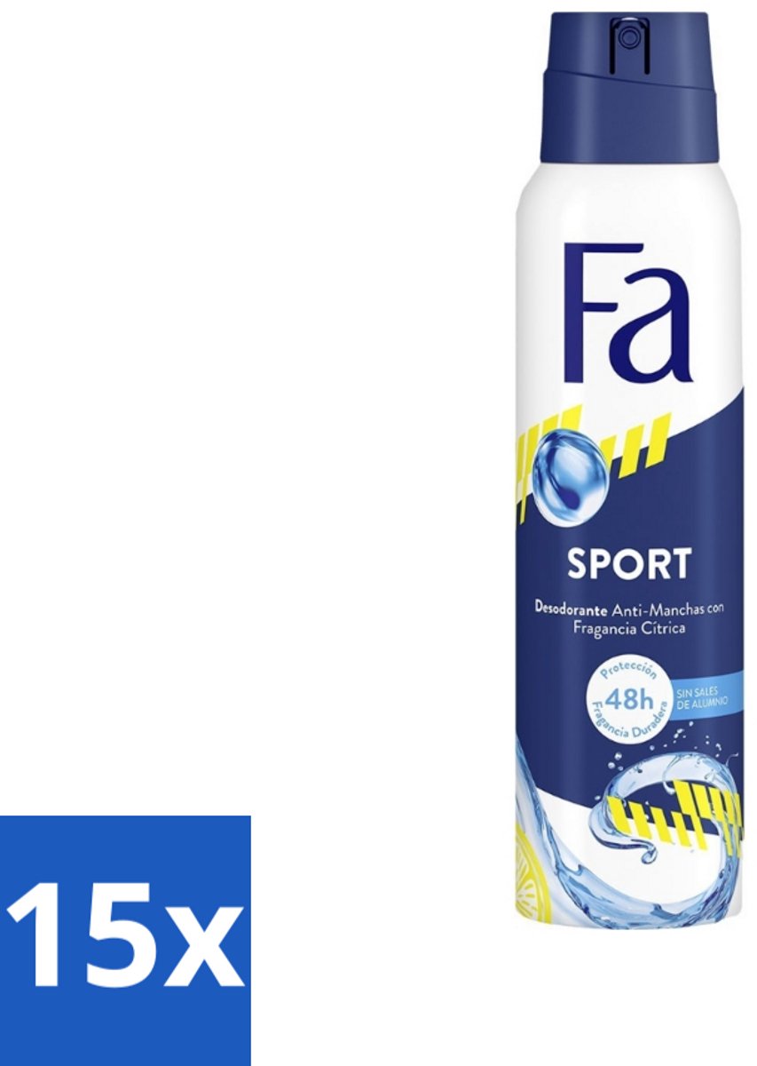 15 x Fa - Deodorant Spray - Sport - Citroen - Tegen Vlekken - 48 uur Bescherming - 150 ml - Deodorant Spray Sport - Citroengeur - Anti Vlekken - 48 Uur Bescherming - Zweetgeur Bestrijding