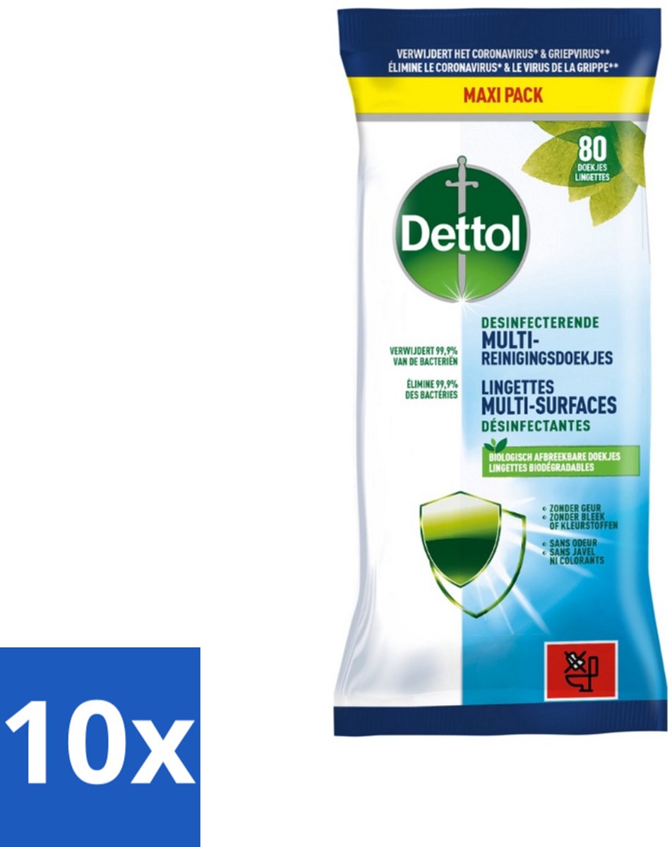 Dettol - Multi-Reinigingsdoekjes - Desinfecterend - Zonder Bleek & Geurstoffen - Biologisch Afbreekbaar - 80 Doekjes - Bulkverpakking - 10 stuks