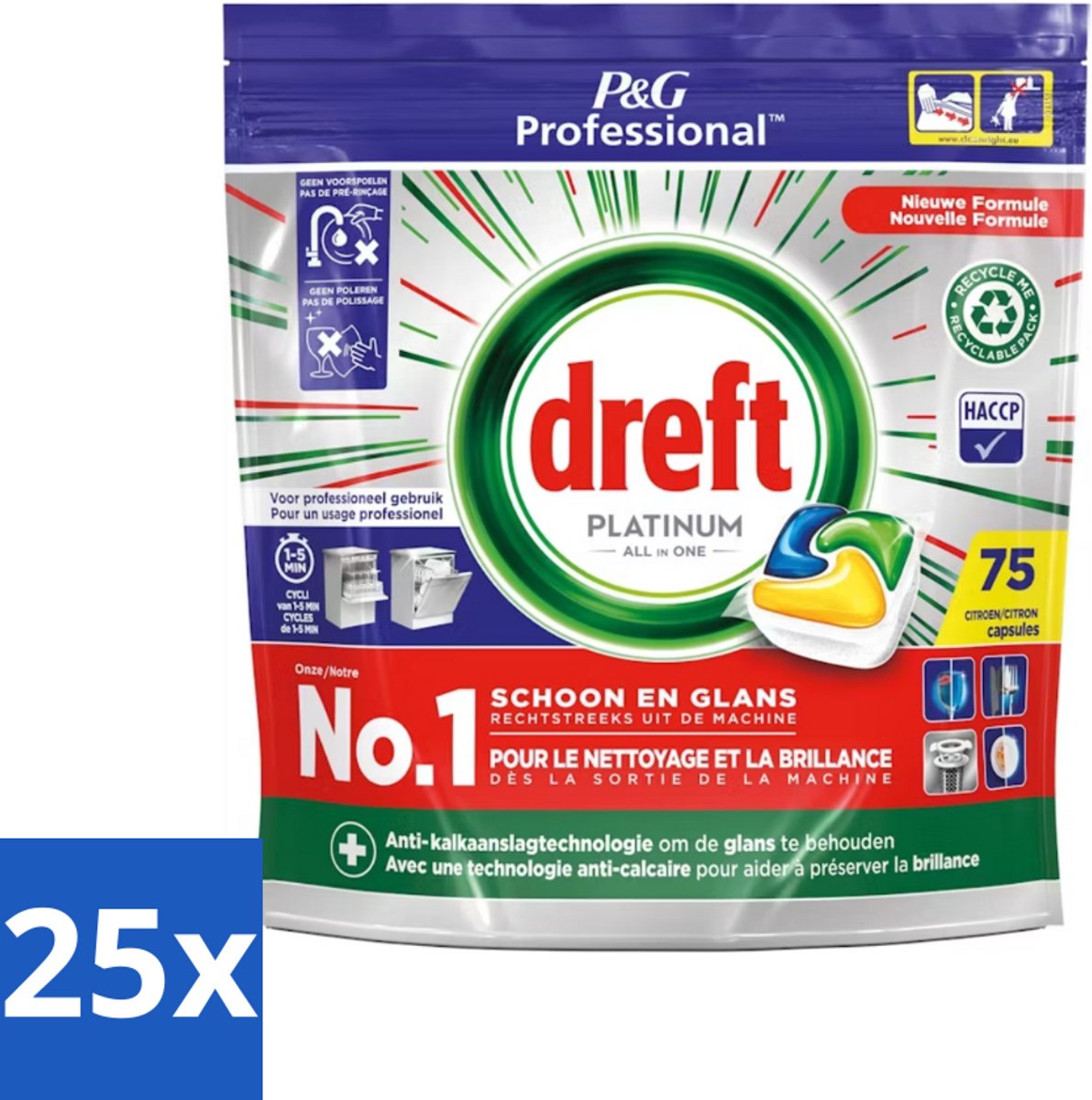 Dreft Professional - Platinum All In One - Vaatwascapsules - Citroen - Antikalkaanslag - 75 Capsules - Bulkverpakking - 25 stuks