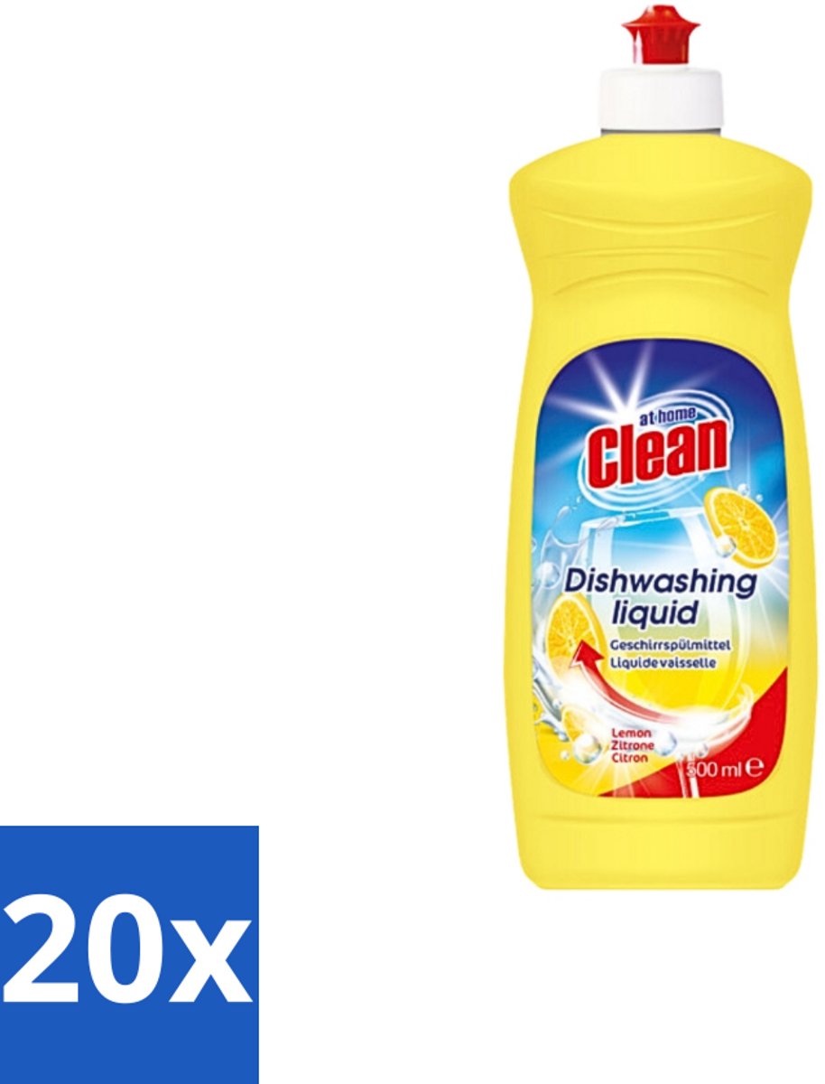20 x At Home - Clean - Afwasmiddel - Lemon - Stralend Schone Vaat - 500 ml - Afwasmiddel - Vaat Reinigen - Vet Verwijderen - Citroengeur - Stralend Schone Vaat