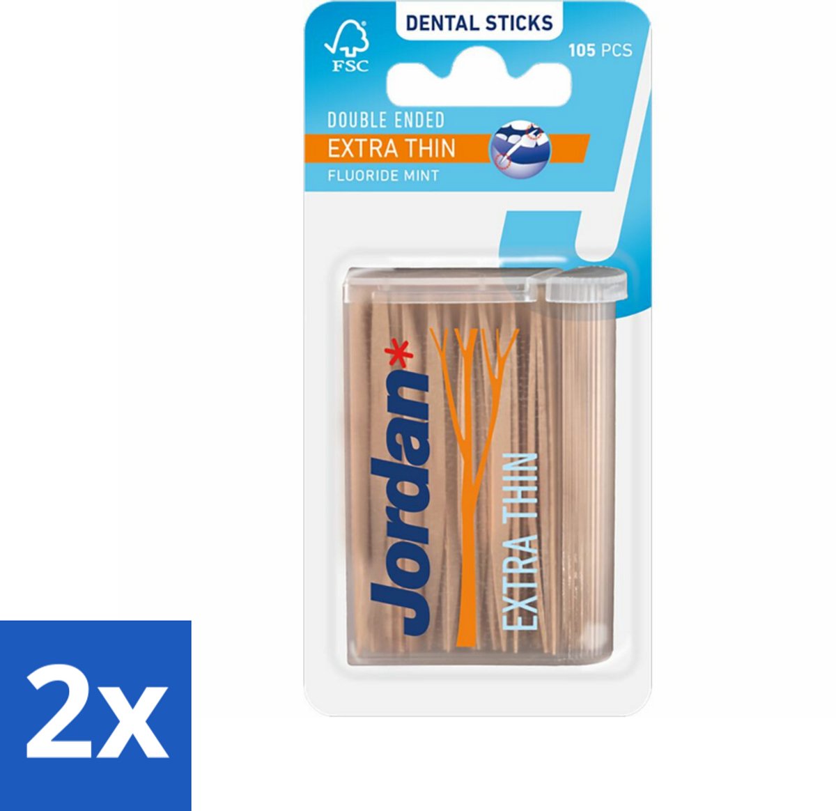 2 x Jordan Tandenstokers Double Ended Extra Thin 105 stuks per verpakking - Tandenstokers - Interdentale Ruimtes - Tanden Reinigen - Tandplak Verwijderen - Fluoride
