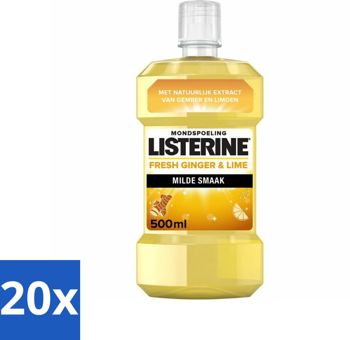 20 x Listerine - Mondwater - Fresh Ginger & Lime - 500 ml - Mondspoeling - Gember En Limoen - Tandplak - Bacteriën - Fluoride