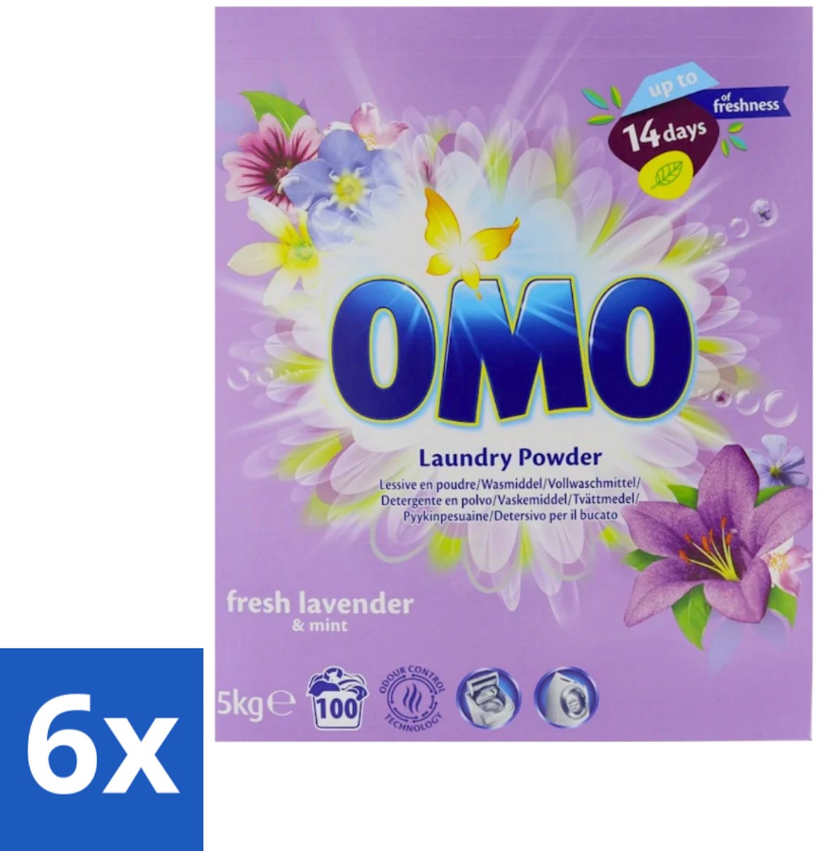 6 x Omo - Waspoeder - Lavendel & Mint - 5 kg - 100 Wasbeurten - Wasmiddel - Waspoeder - Lavendel En Mint - Wasbeurt - Wasgoed