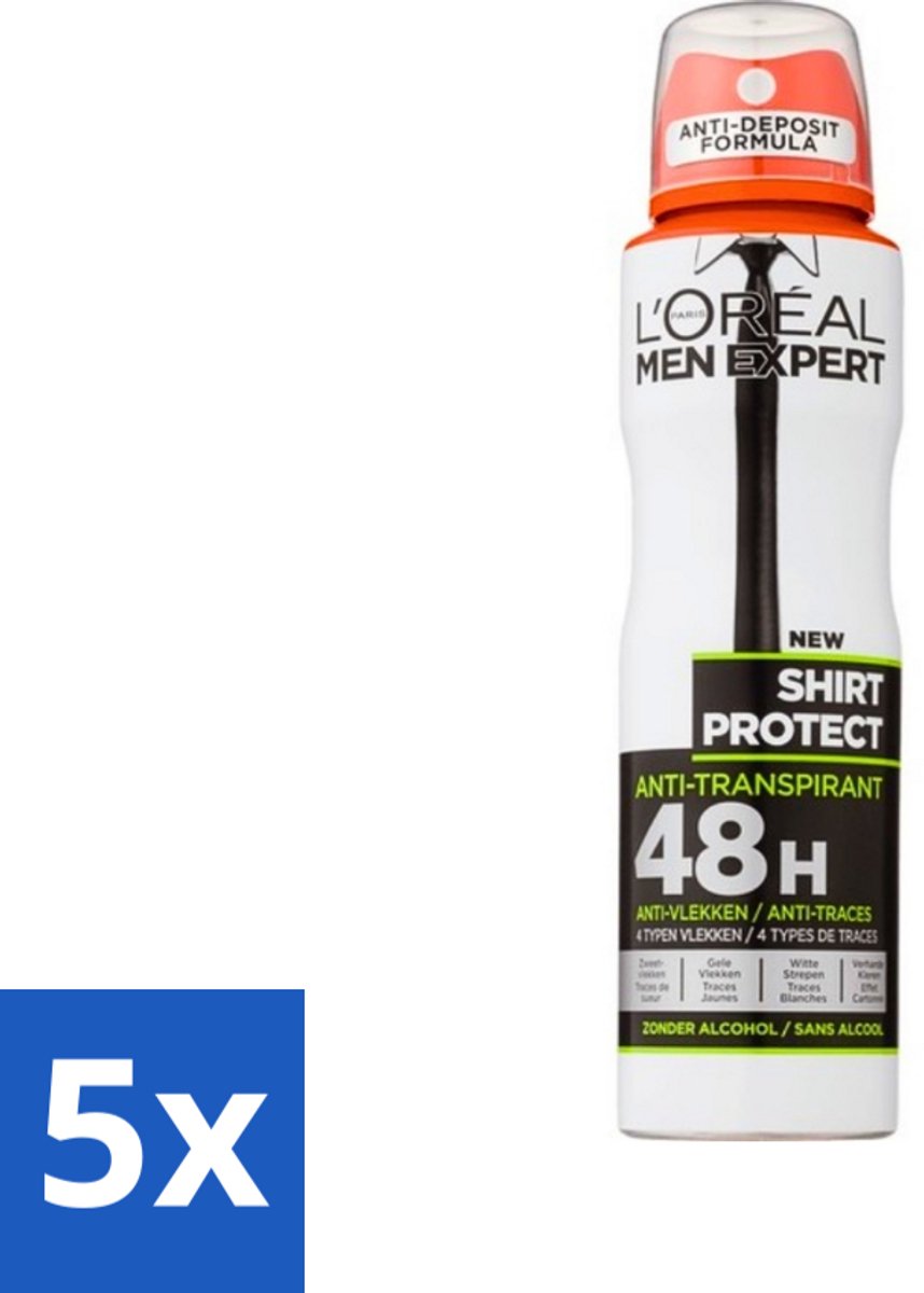 5 x L'Oréal Men Expert Shirt Protect - Deodorant - 150 ml - Deodorant Spray - Deodorant Spray - Anti-zweet - Anti-gele Vlek - Anti-witte Strepen - Kledingbescherming