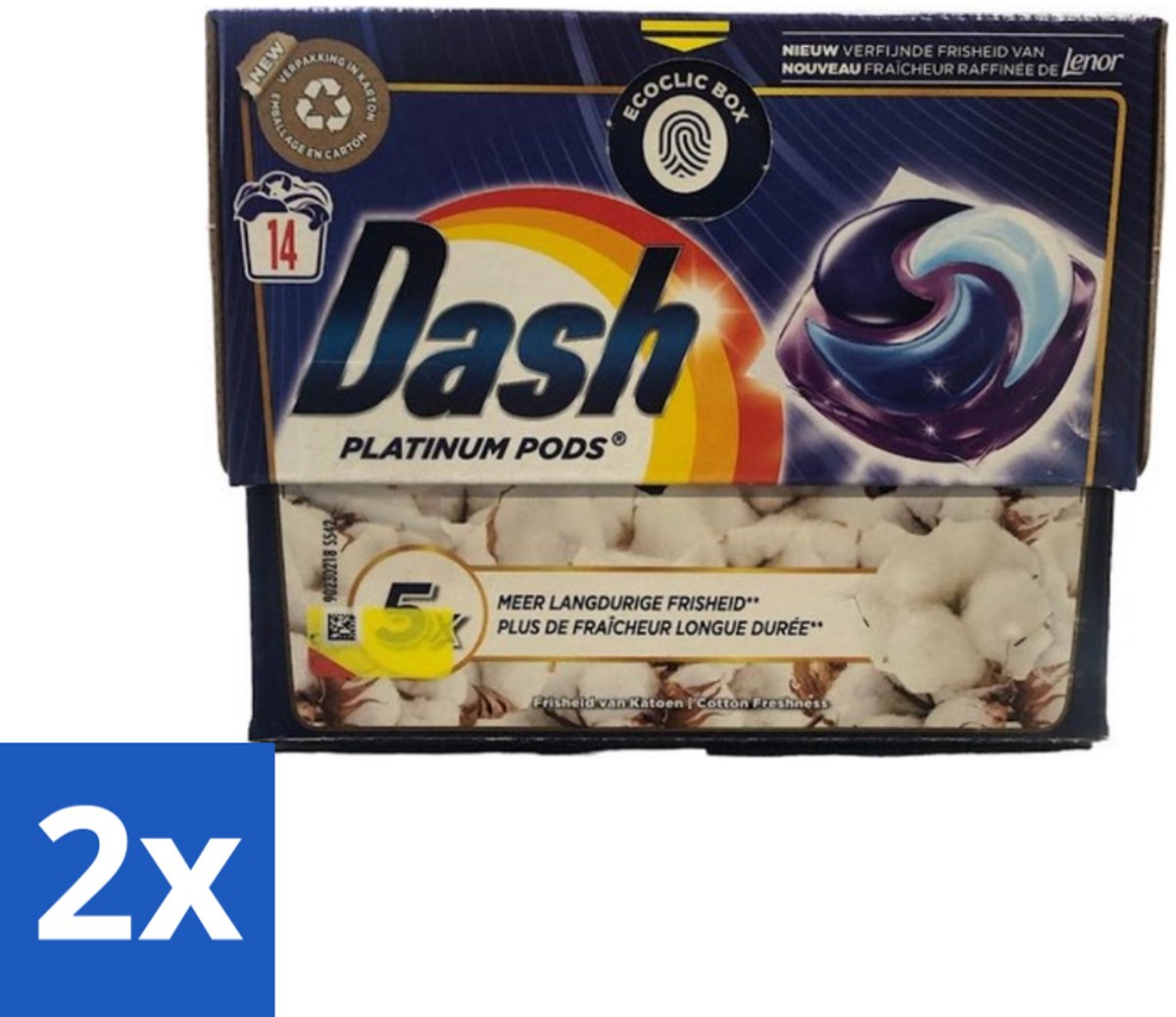 2 x Dash Platinum - Wasmiddel Capsules - Witte en Gekleurde Was - Frisheid van Katoen - 14 Wasbeurten - Wasmiddel Capsules - Waspoeder Capsules - Vlekkenverwijderaar - Katoen Frisheid - Wasmiddel Wit En Gekleurd