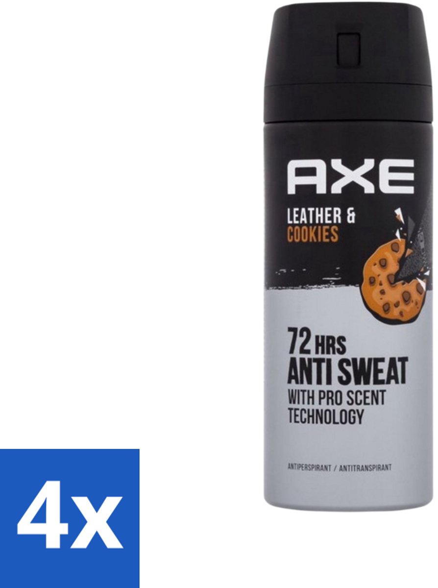 4 x Axe - Deodorant Spray - 72hrs Anti Sweat - Leather & Cookies - 150 ml - Axe Deodorant - Deodorant Spray - 72 Uur Bescherming - Anti-transpirant - Mannelijke Geur