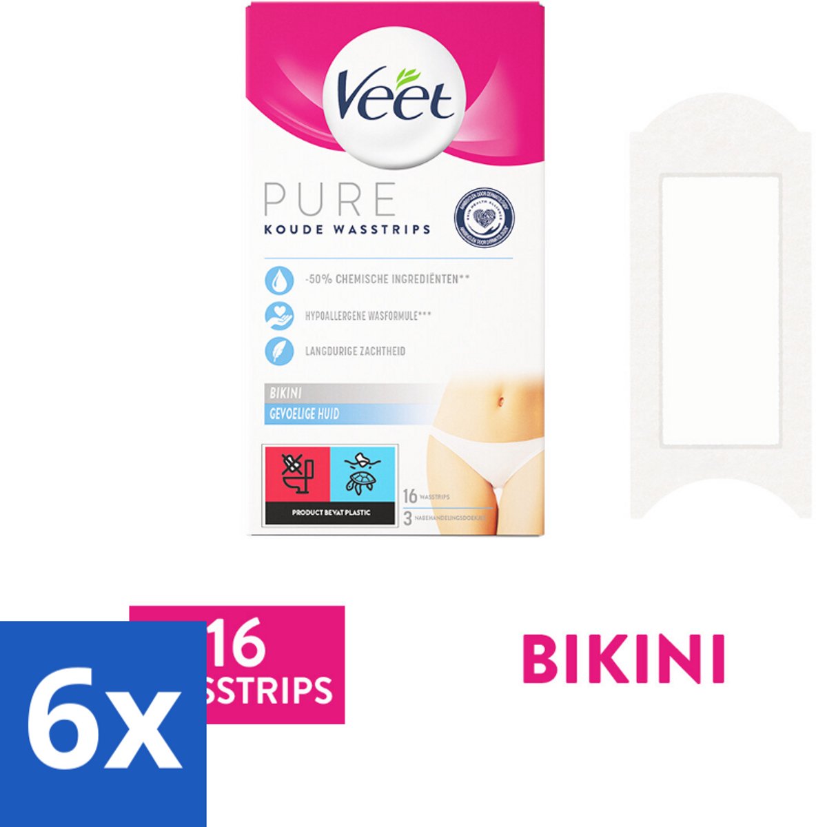 6 x Veet Ontharingsstrips Bikinilijn Pure Gevoelige Huid 16 stuks per verpakking - Veet Ontharingsstrips - Bikinilijn Ontharen - Gevoelige Huid - Ontharingsstrips Bikinilijn - Langdurige Gladheid