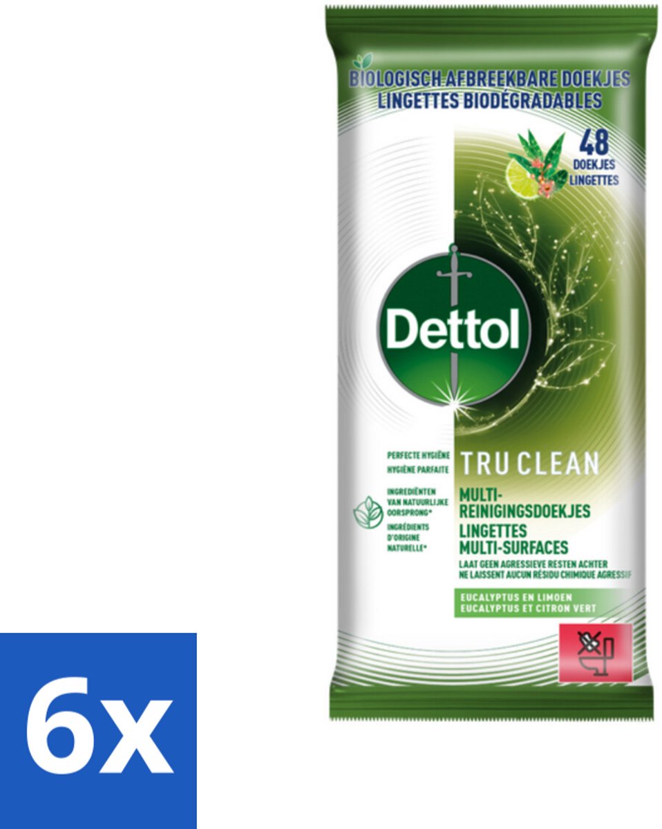 6 x Dettol Reinigingsdoekjes Tru Clean Eucalyptus & Lime 48 stuks per verpakking - Schoonmaakdoekjes - Multi Reinigingsdoekjes - Biologisch Afbreekbare Doekjes - Eucalyptus Geur - Limoen Geur
