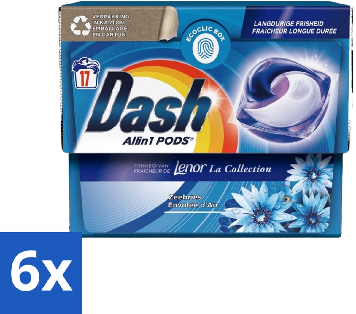 6 x Dash - Lenor Collectie - Wasmiddel Capsules - All-in-1 Pods - Witte en Gekleurde Was - Zeebries - 17 Wasbeurten - Wasmiddel Capsules - Waspoeder - Lenor - Zeebries - Wasverzachter