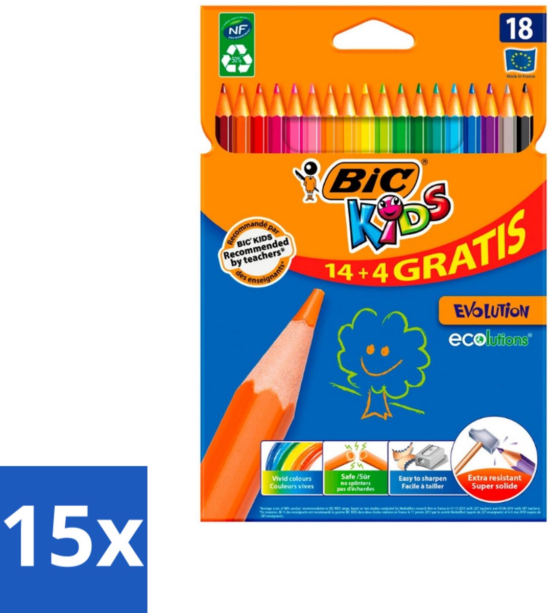 Bic Kids - Kleurpotloden - Diverse Kleuren - Eco - Evolution - 18 Potloden - Bulkverpakking - 15 stuks