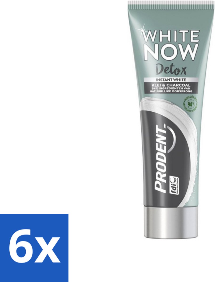 6 x Prodent - White Now - Tandpasta - Natuurlijke Ingrediënten - Klei En Houtskool - 75 ml - Tandpasta - Whitening - Klei - Houtskool - Natuurlijke Tandpasta