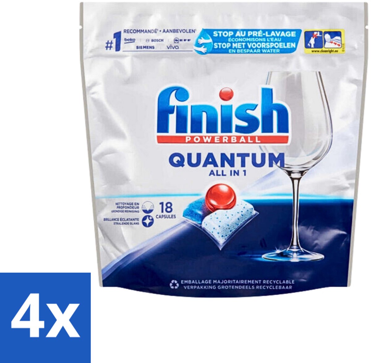 4 x Finish Powerball - Quantum All in 1 - Vaatwastabletten - Stralende Glans - 18 Tabletten - Vaatwastabletten - Vaatwasser - Diepe Reiniging - Glans - All In One