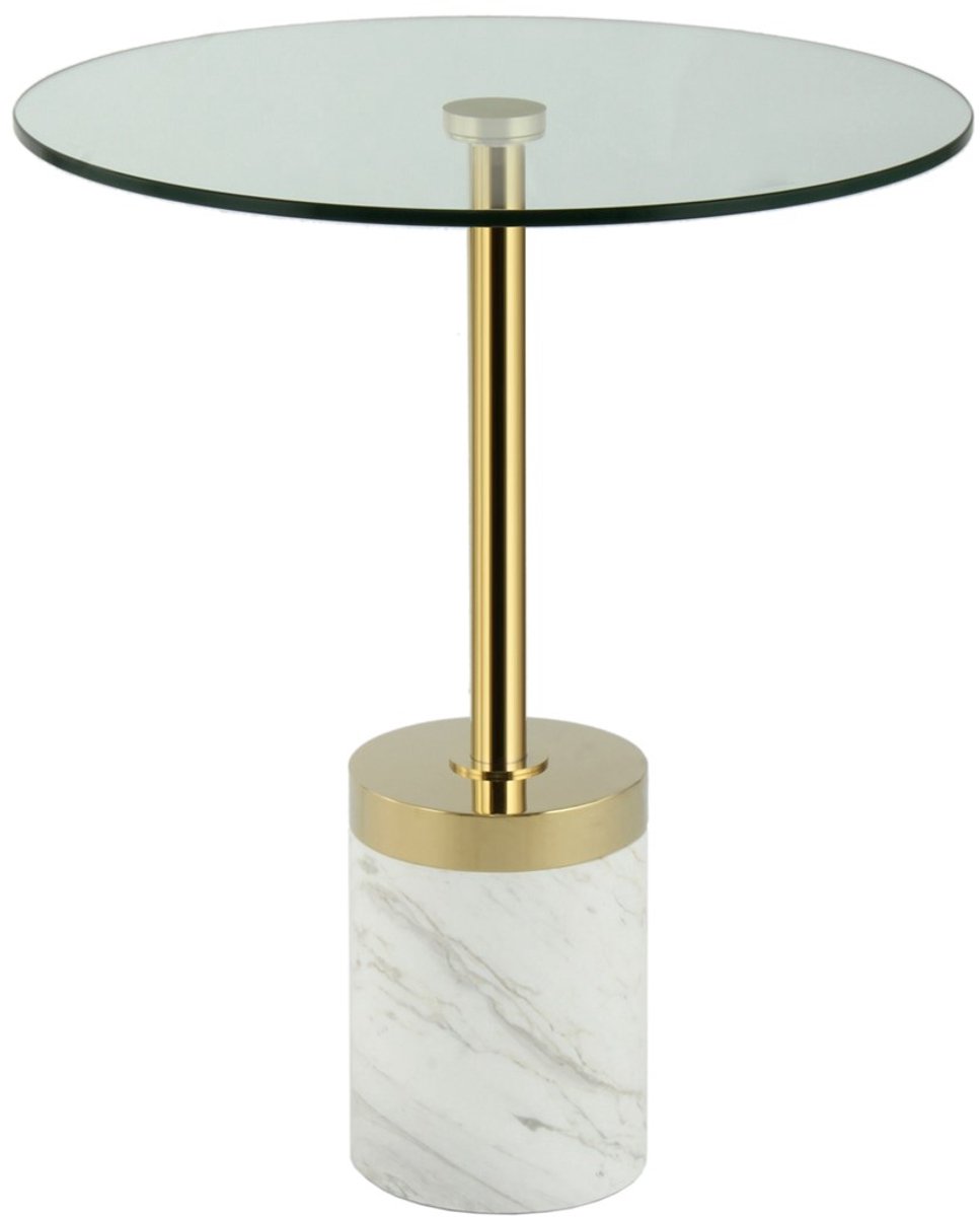 Padiro ronde bijzettafel Ø 46 x 53 cm - goud / wit - Modern Art-Déco Glamour Look - met marmeren voet - glazen tafelblad - roestvrij staal