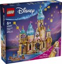 Lego Disney Princess Rapunzels Kasteel box met illustratie van het kasteel, figuren en een paarse achtergrond met lantaarns.