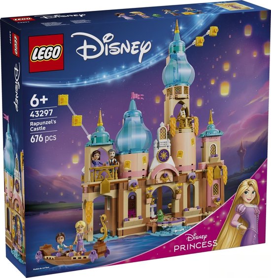 Lego Disney Princess Rapunzels Kasteel box met illustratie van het kasteel, figuren en een paarse achtergrond met lantaarns.