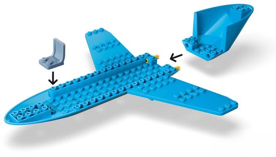 Blauw vliegtuiglichaam met vleugels, staart en grijze hulpstukken van LEGO.