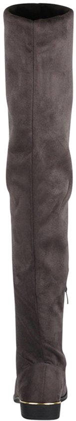 Donkergrijze suède overknee laars, achteraanzicht met goudkleurige detailrand bij de hiel.
