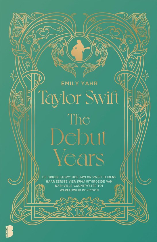 Boekomslag van 'Taylor Swift: The Debut Years' met gouden art deco-versieringen, vlinders en vissen. Emily Yahr, Taylor Swift, The Debut Years.
