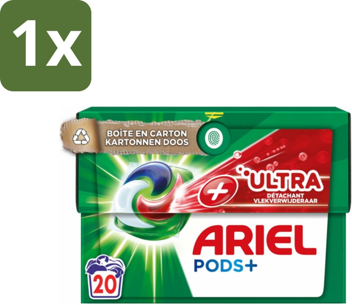 Ariel +Ultra - Vlekverwijderaar & Wasmiddelcapsules - Pods+ - Witte en Gekleurde Was - 20 Wasbeurten - 1 stuk