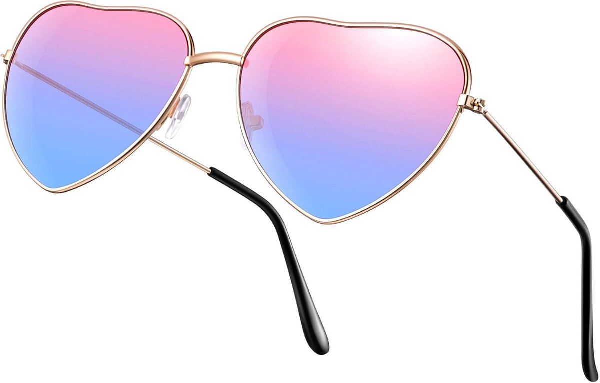 Zonnebril in jaren '70 stijl met dunne metalen rand, perfect voor hippie kostuums en feestjes, in roségoud met rode en blauwe glazen