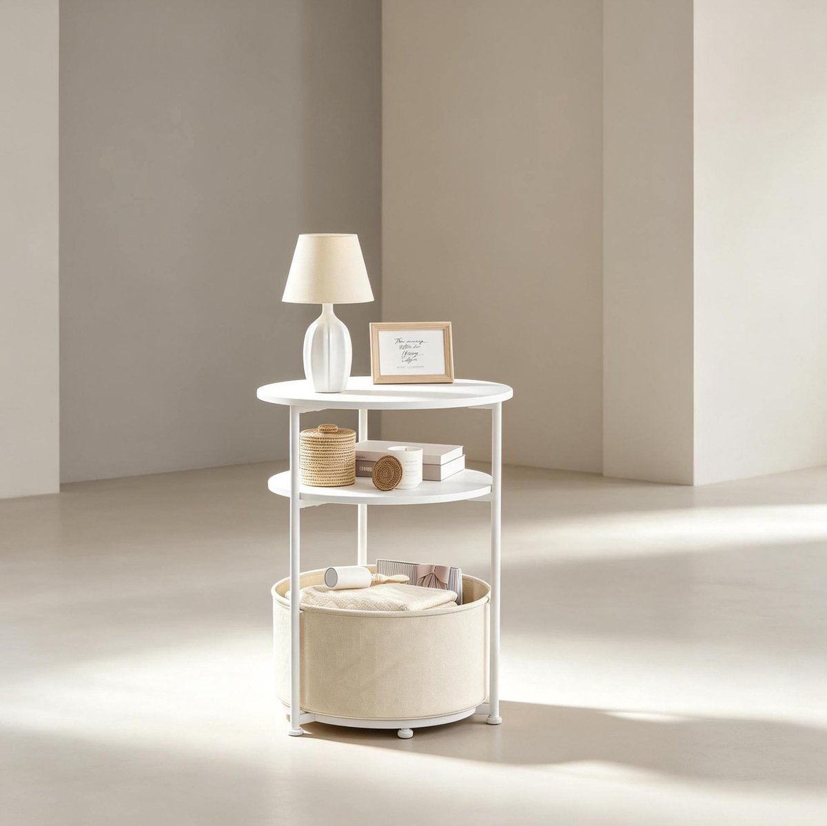 Stilvora Ronde Bijzettafel Met Opbergruimte - Modern Design Voor Woonkamer En Slaapkamer - Metaal En Stof - Wit - 43 Cm