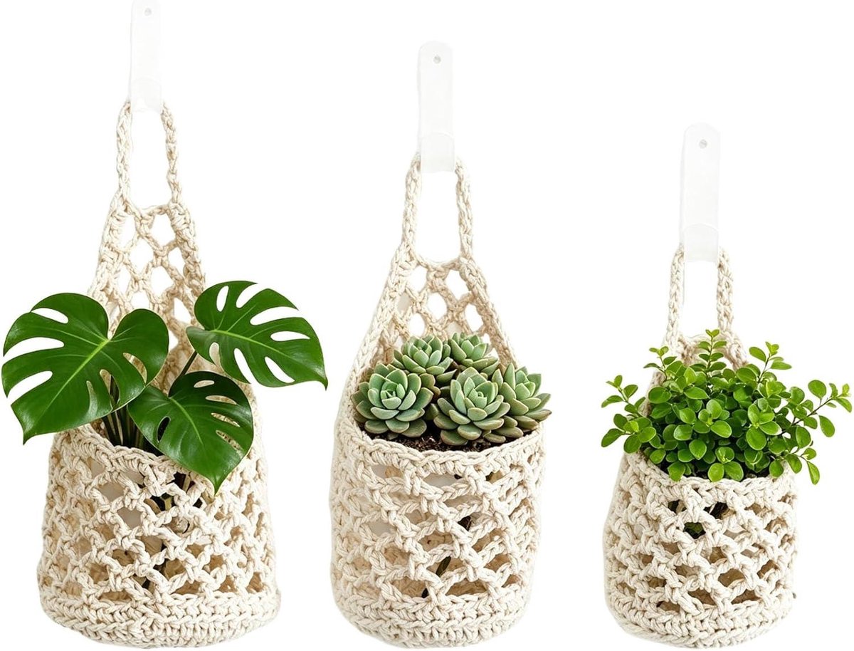 longziming - Set van 3 Macramé Plantenhangers - Plantenhanger van Katoentouw - Hangende Bloemenhouder - Voor Bloempotten en Kamerplanten - Woondecoratie