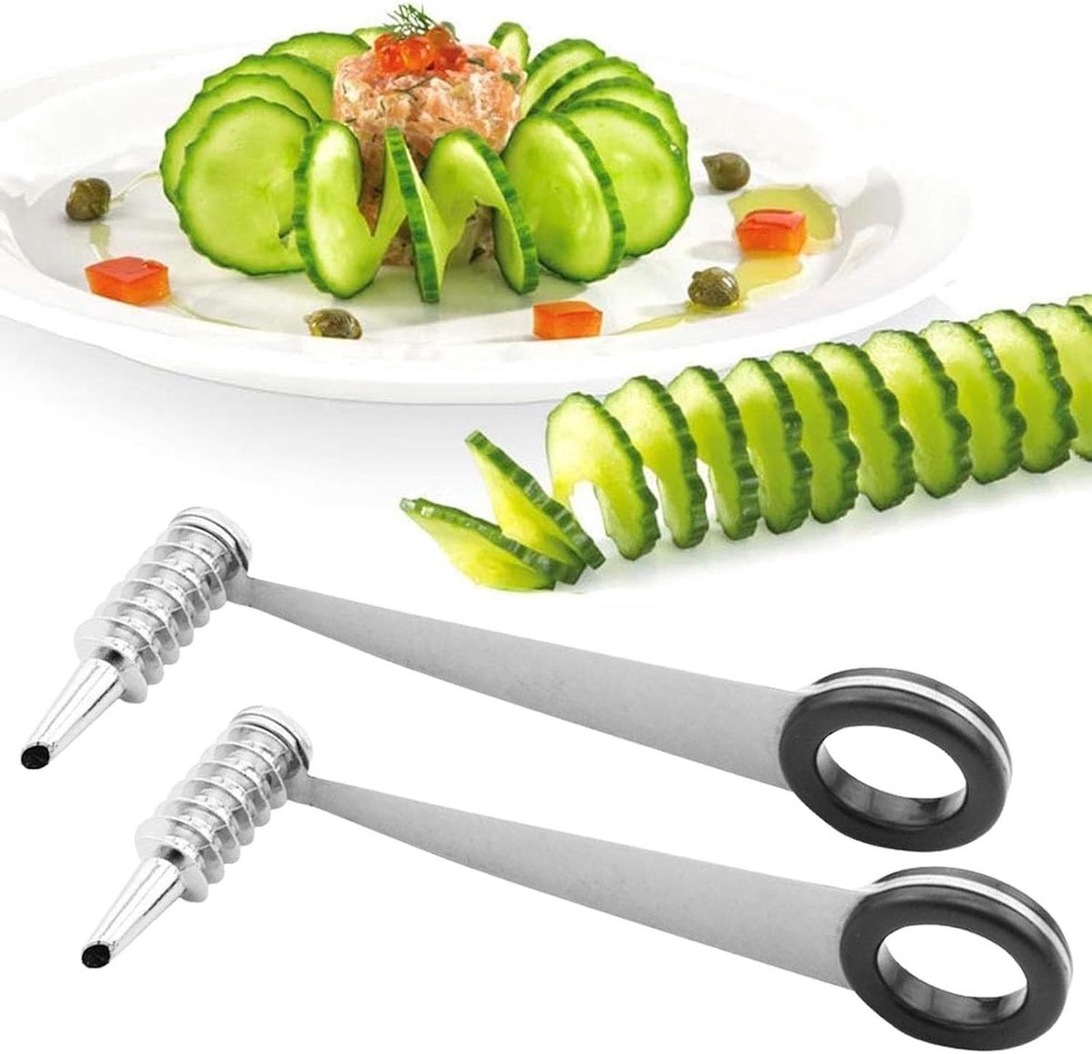 longziming - Set van 2 RVS Spiraalsnijders - Handmatige Aardappelspiraalsnijder - Voor Aardappelen, Komkommers, Wortels, Courgettes en Fruit - Spiraalmes voor Friet, Salades en Creatieve Gerechten