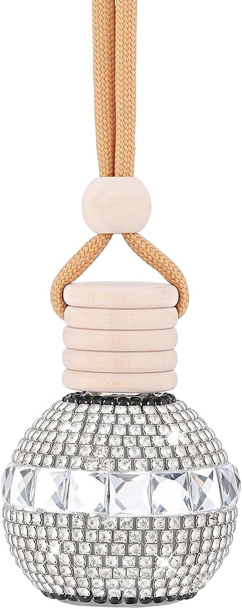 Achteruitkijkspiegel decor met etherische olie diffuser en strass hangende bal voor auto, luchtverfrisser en interieurdecoratie (wit)