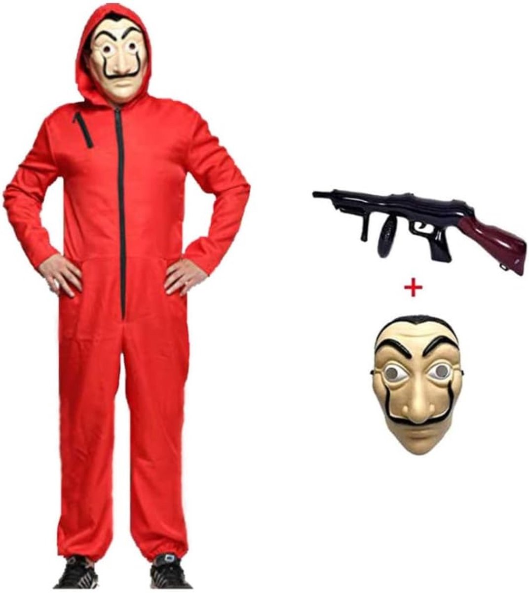 Carnaval Kostuum voor Volwassenen - Lange Mouwen Dief Kostuum met Rood Jumpsuit, Masker en Speelgoed Machinegeweer voor Halloween Feest
