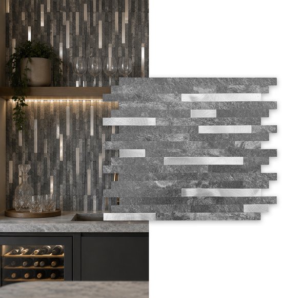 Een keuken met Japandi Mix mozaïekstrips op de muur, grijs met zilveren strepen.