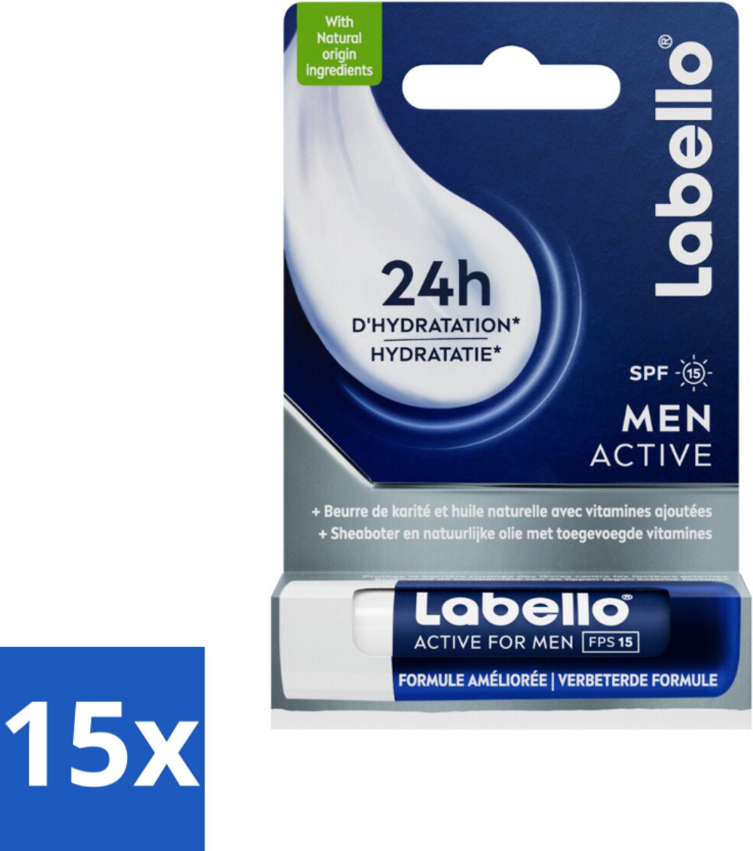 Labello – Lippenbalsem – Active For Men – SPF 15 – 4,8 g - Bulkverpakking - 15 stuks
